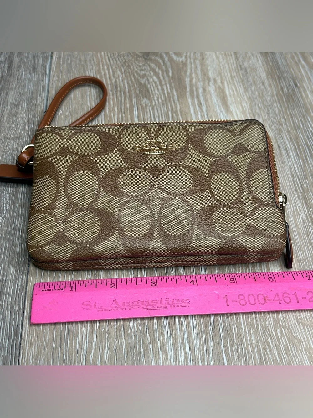 COACH Double Zip Wristlet in Signature Canvas Khaki Saddle Brown Wallet⁠